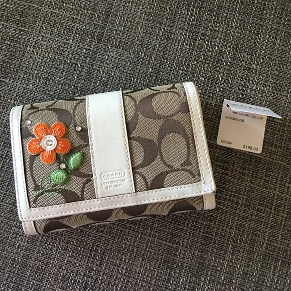 Coach Brown and White Canvas Wallet with Floral Embroidery - Picture 1 of 4